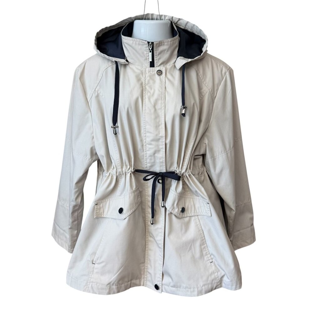 Vintage Macintosh Womens 2X Coat Tan Blue Detachable Hood Lined Nautical Spring